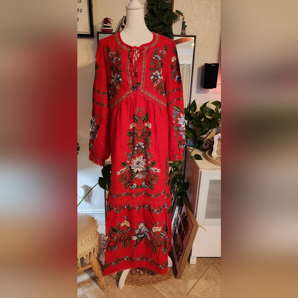 Farm RIO  Red Sweet Bloom Bouquet Midi Dress